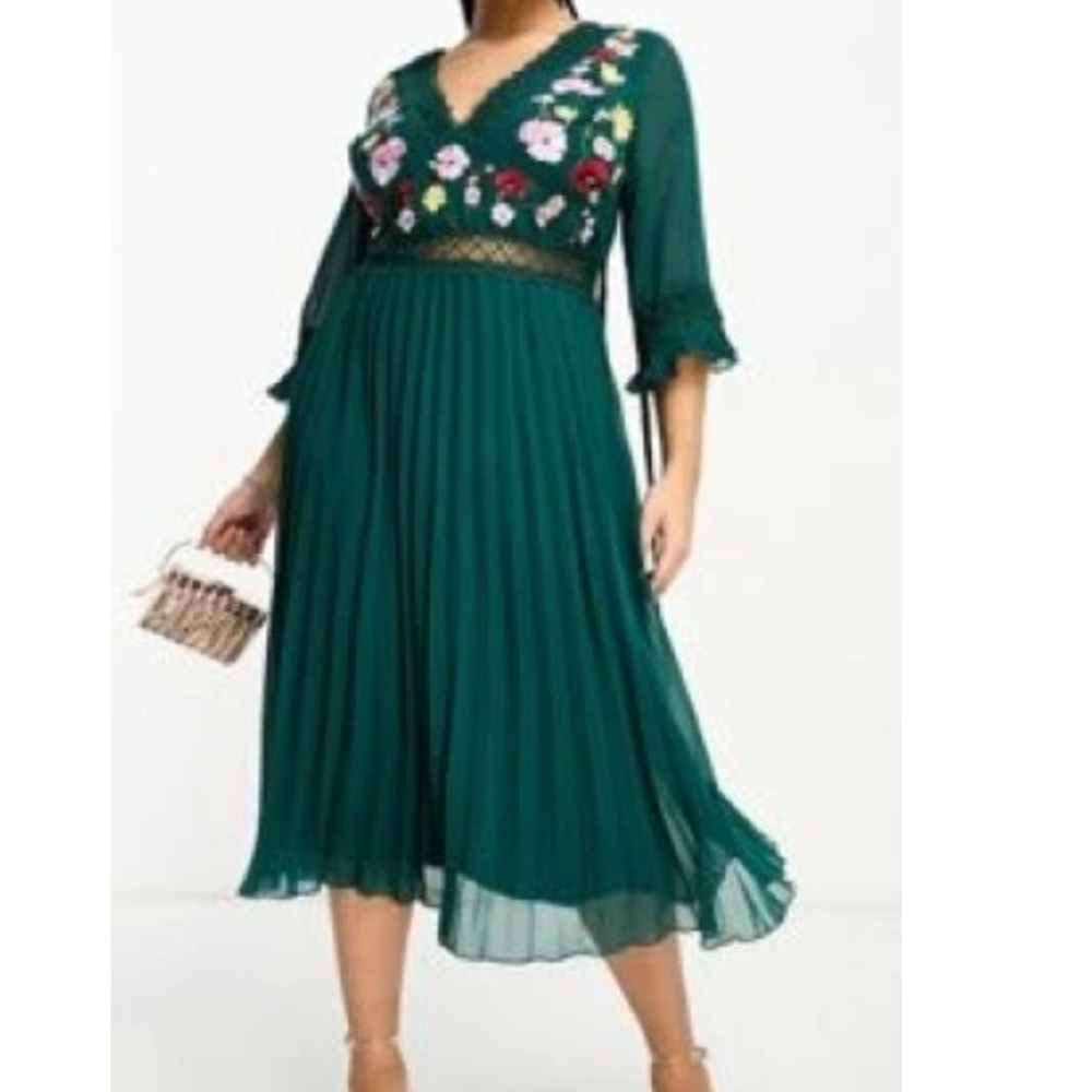 ASOS DESIGN Curve lace insert pleated midi dress with embroidery in green